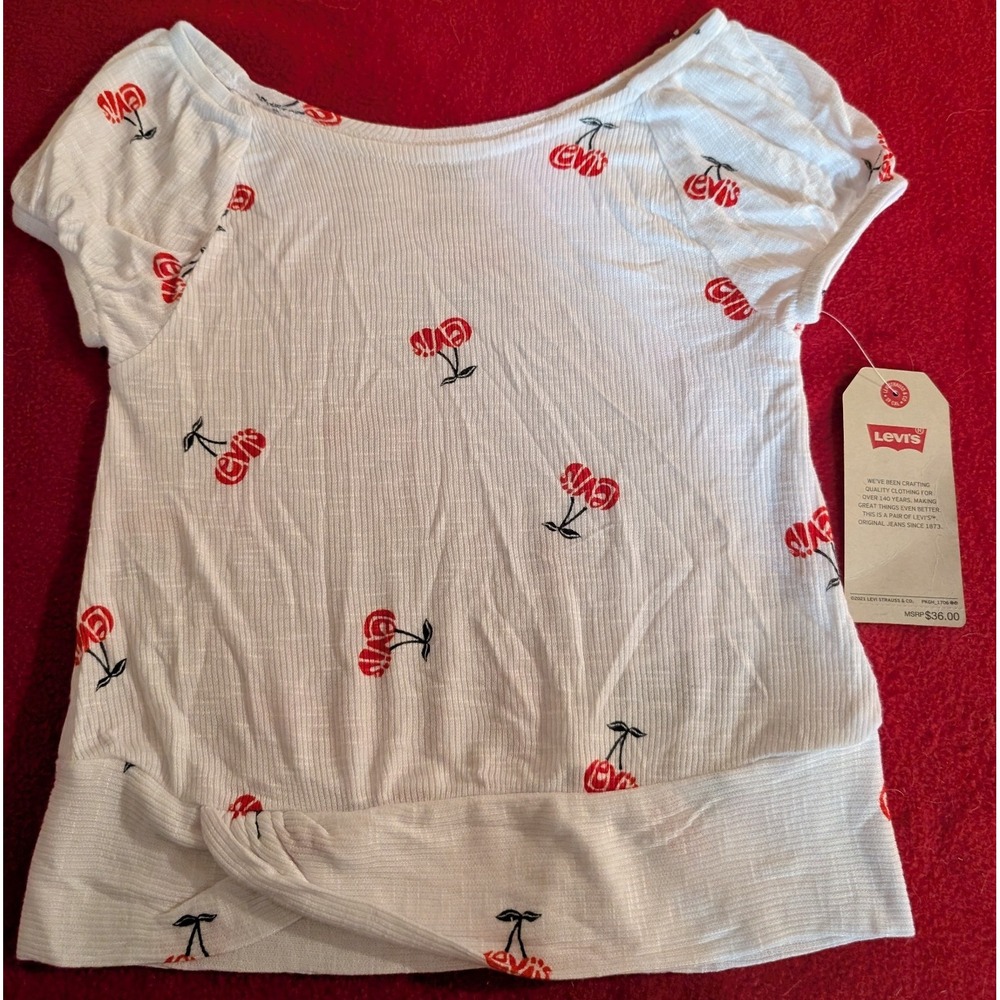 Levi's Girls Cherry Print Top White Short Sleeve Ribbed Knit Shirt Size 6 NEW